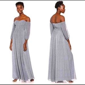 Halston Heritage Off the Shoulder Long Pleated Evening Gown